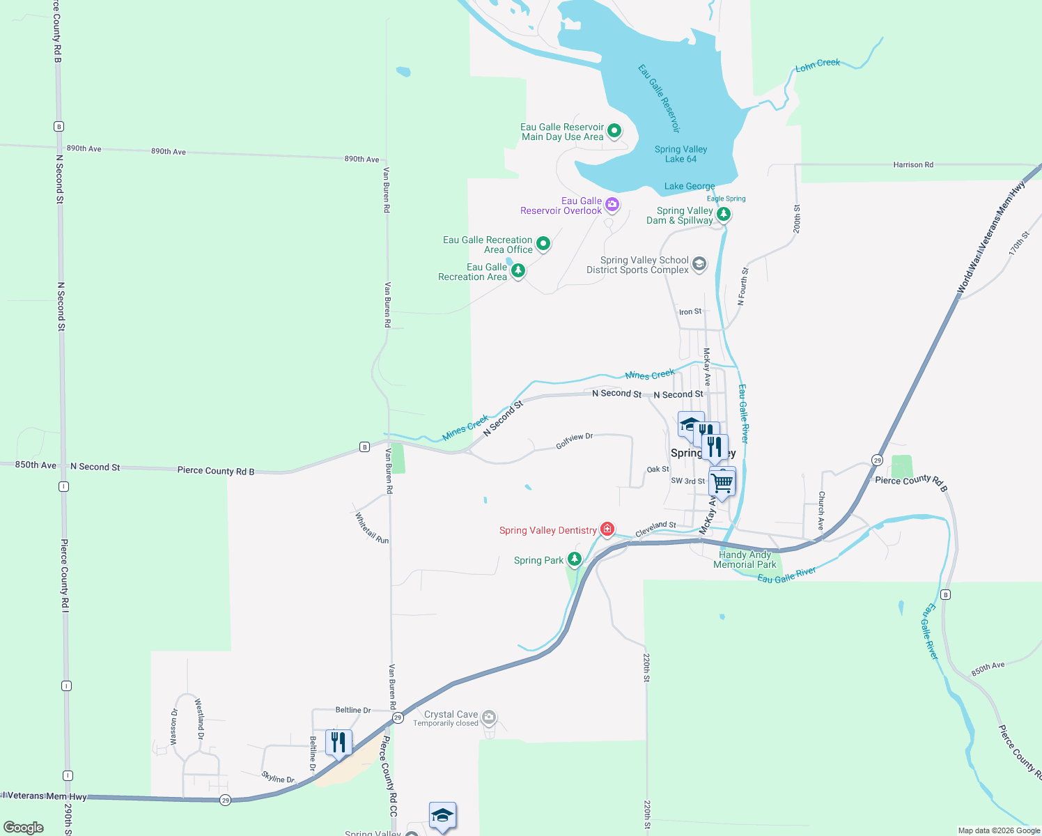 map of restaurants, bars, coffee shops, grocery stores, and more near W868 Evergreen Court in Spring Valley