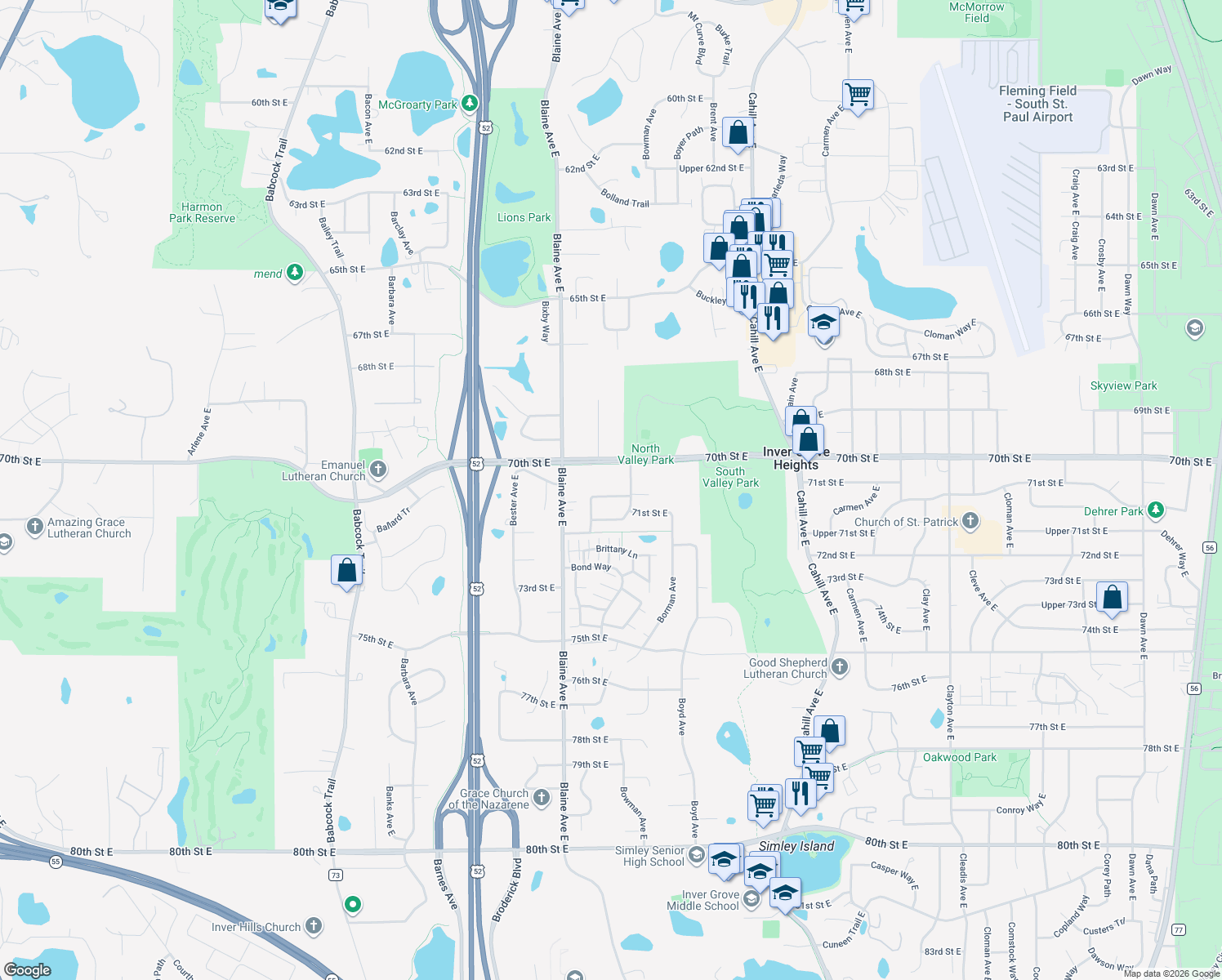map of restaurants, bars, coffee shops, grocery stores, and more near 7075 Blake Path in Inver Grove Heights