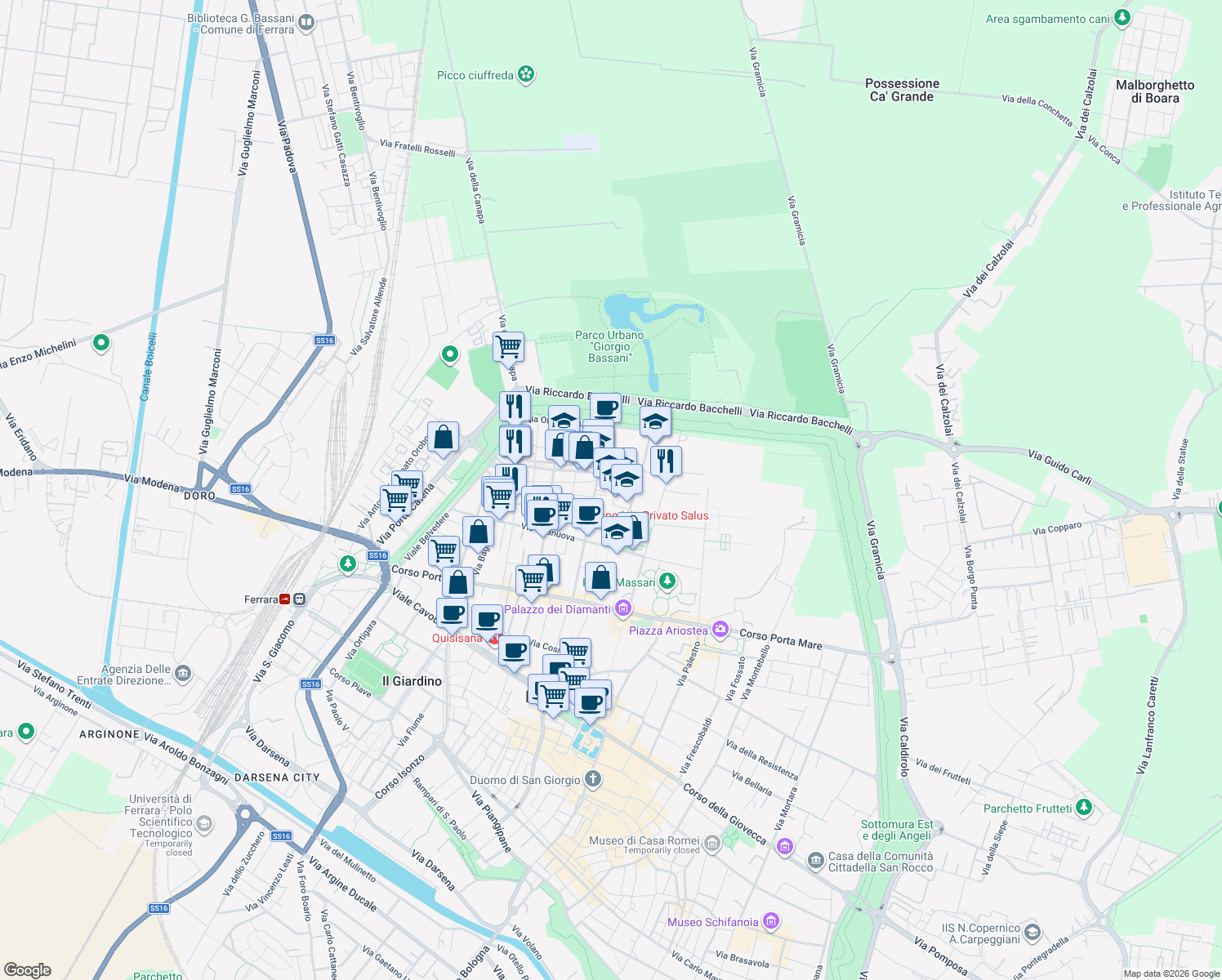 map of restaurants, bars, coffee shops, grocery stores, and more near 13 Via Giovanni Boccaccio in Ferrara