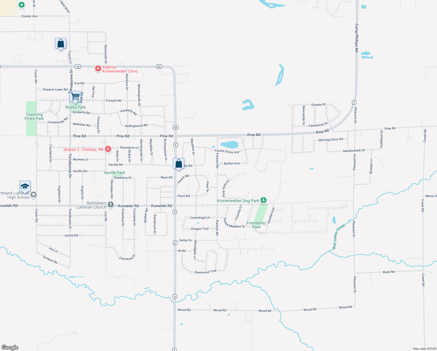 map of restaurants, bars, coffee shops, grocery stores, and more near 2209 Pond View Place in Mosinee