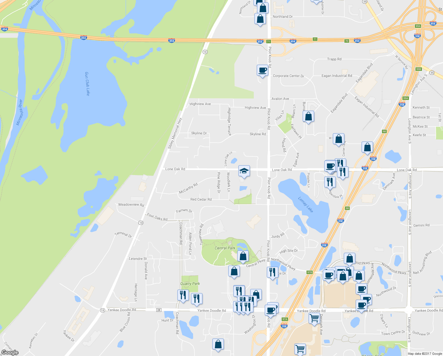 map of restaurants, bars, coffee shops, grocery stores, and more near 3020 Pine Ridge Drive in Eagan