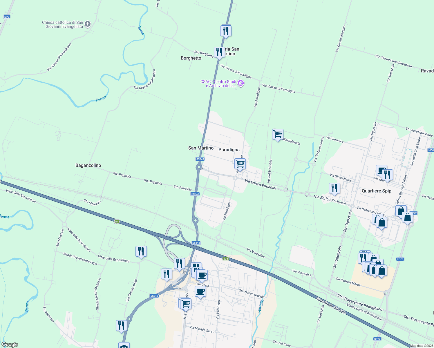 map of restaurants, bars, coffee shops, grocery stores, and more near 9 Via Enrico Forlanini in Parma