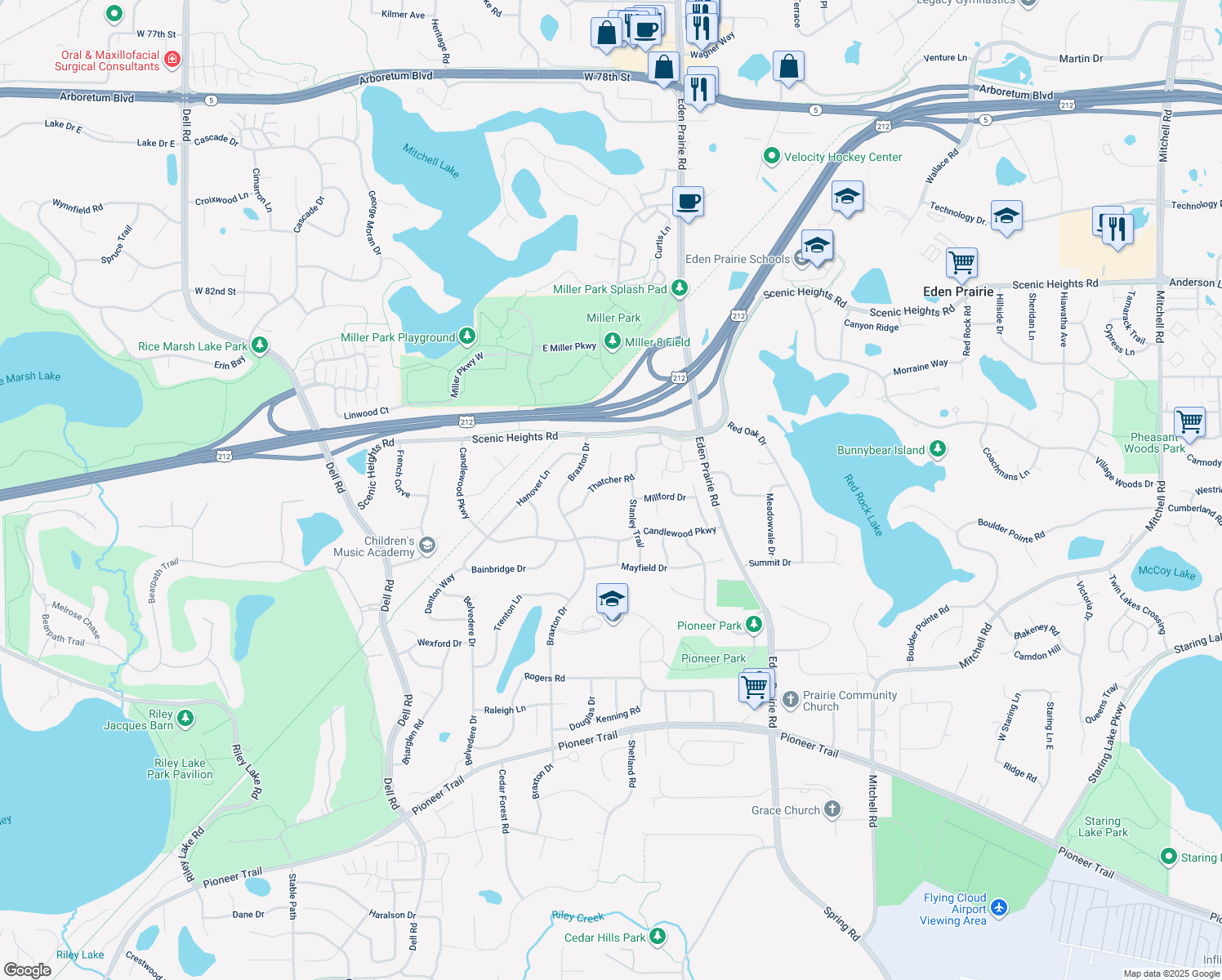 map of restaurants, bars, coffee shops, grocery stores, and more near 16687 Thatcher Road in Eden Prairie
