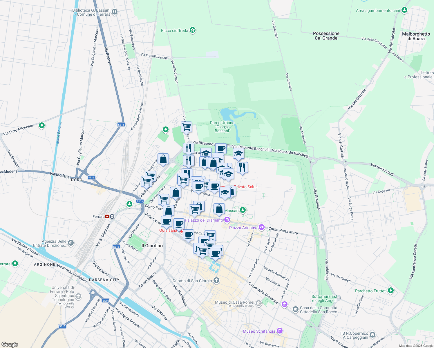 map of restaurants, bars, coffee shops, grocery stores, and more near 13 Via Giovanni Boccaccio in Ferrara