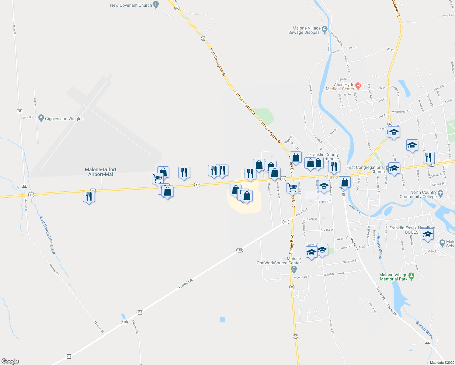 map of restaurants, bars, coffee shops, grocery stores, and more near 211 West Main Street in Malone