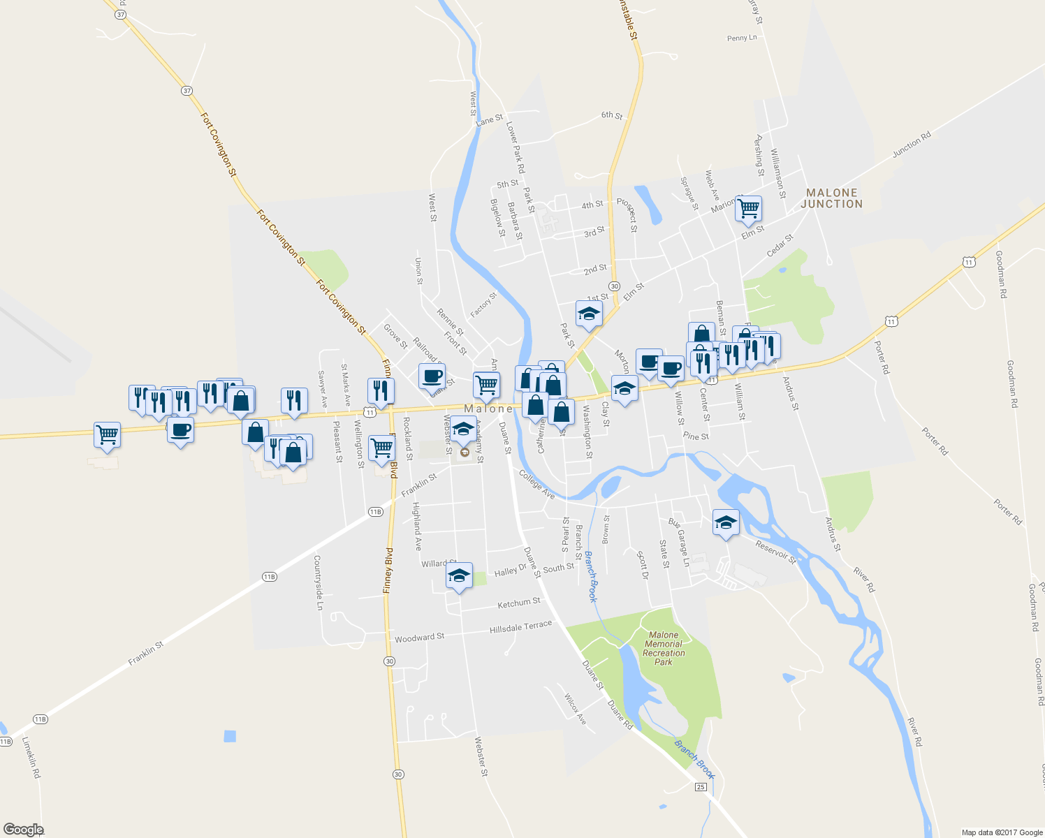map of restaurants, bars, coffee shops, grocery stores, and more near 23 Mill Street in Malone