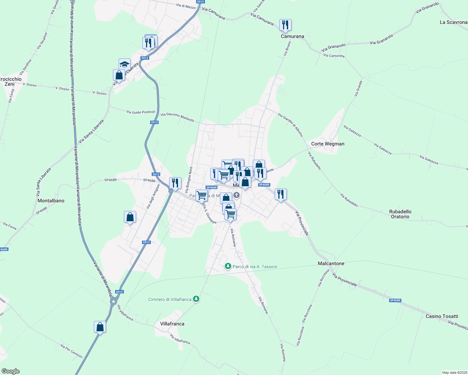 map of restaurants, bars, coffee shops, grocery stores, and more near 1 Via Gregorio Agnini in Medolla
