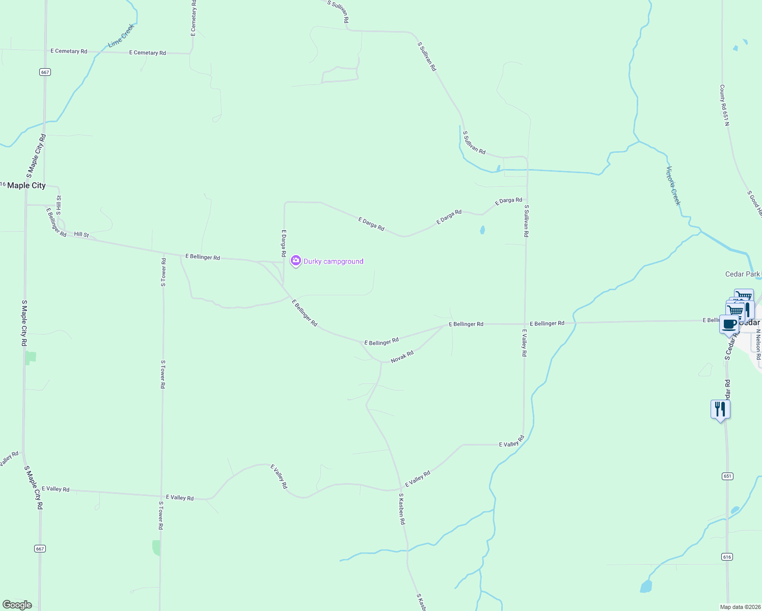 map of restaurants, bars, coffee shops, grocery stores, and more near 1353 East Bellinger Road in Cedar