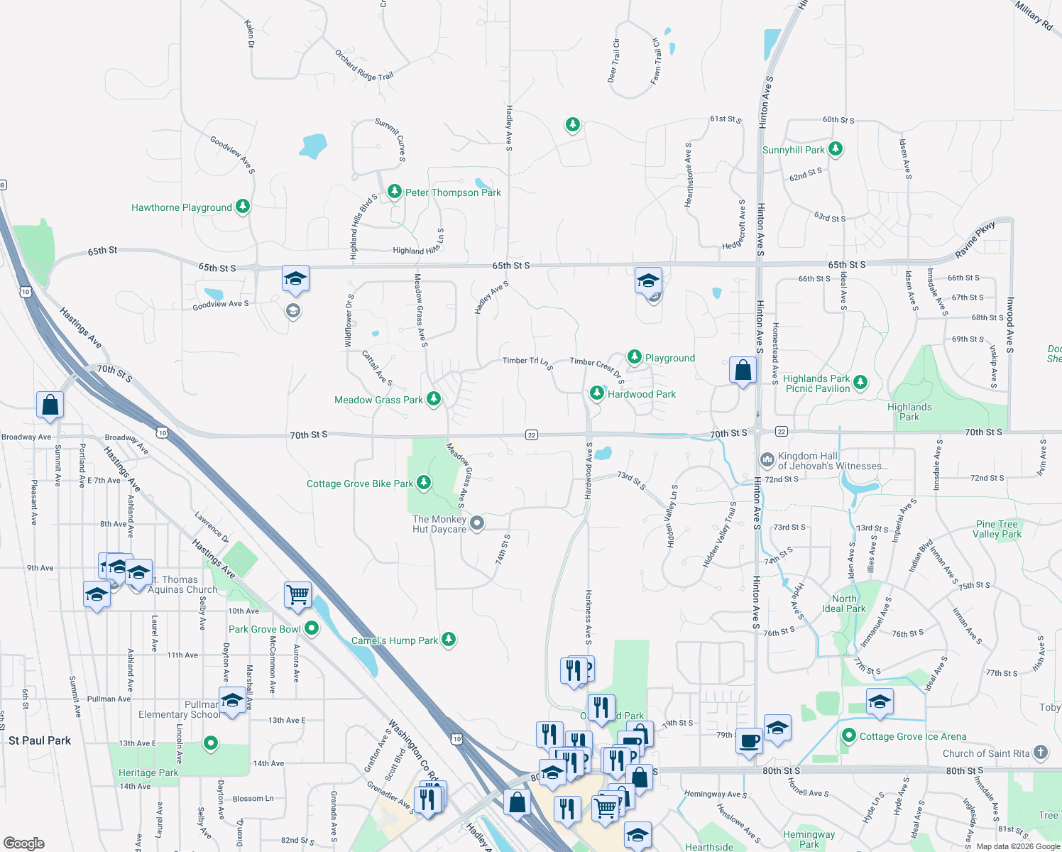 map of restaurants, bars, coffee shops, grocery stores, and more near 6995 Timber Ridge Drive South in Cottage Grove