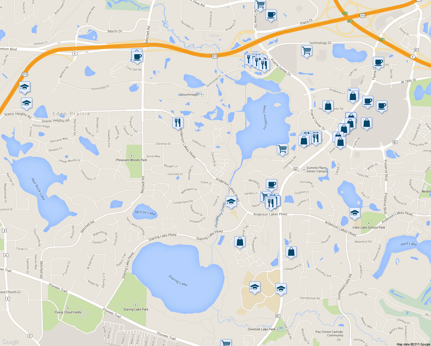 map of restaurants, bars, coffee shops, grocery stores, and more near 8561 Cortland Road in Eden Prairie