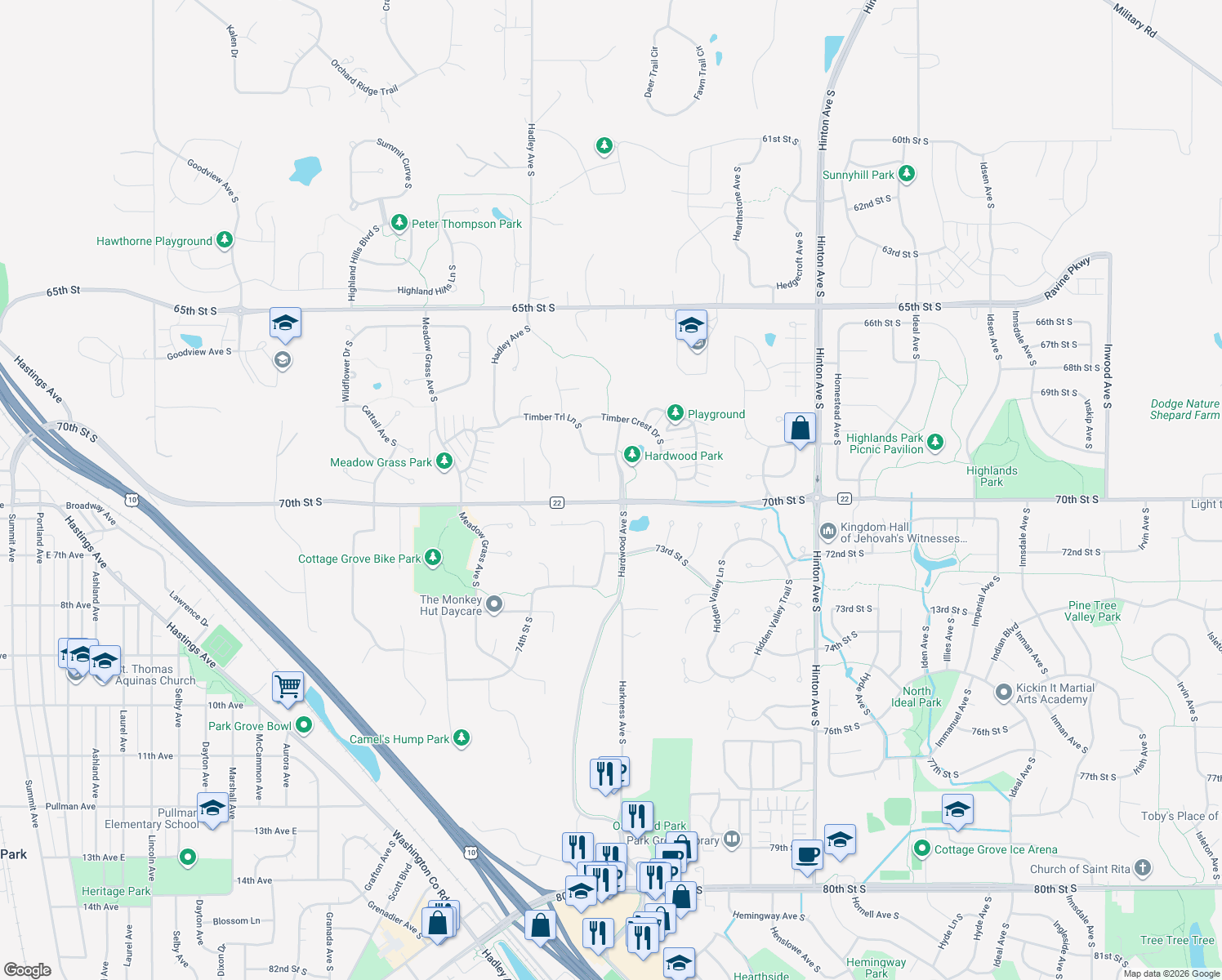 map of restaurants, bars, coffee shops, grocery stores, and more near 6997 Timber Ridge Hollow South in Cottage Grove