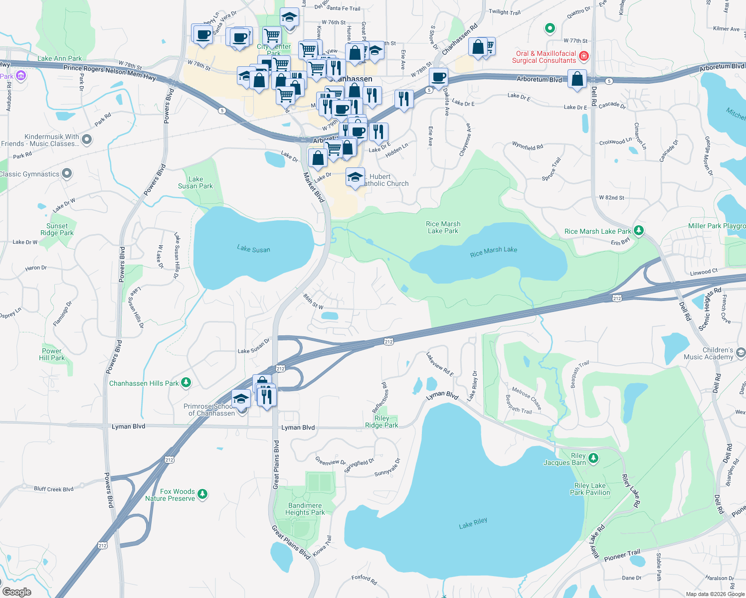 map of restaurants, bars, coffee shops, grocery stores, and more near 8590 Tigua Lane in Chanhassen