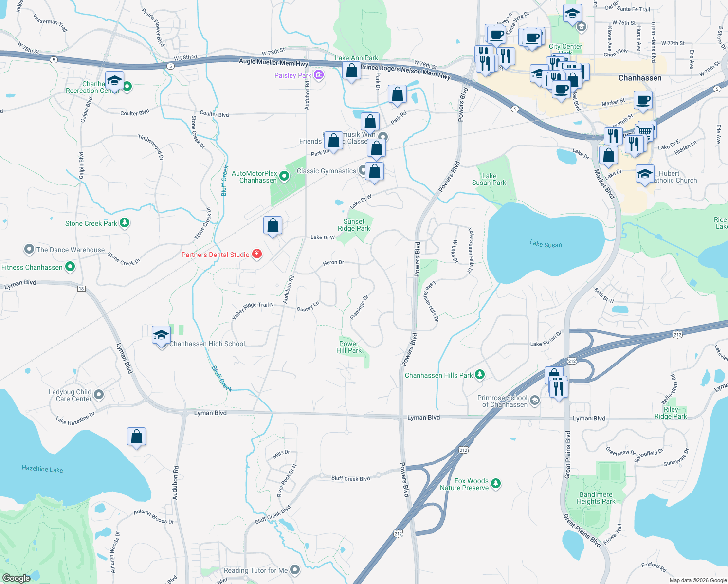 map of restaurants, bars, coffee shops, grocery stores, and more near 8590 Flamingo Drive in Chanhassen