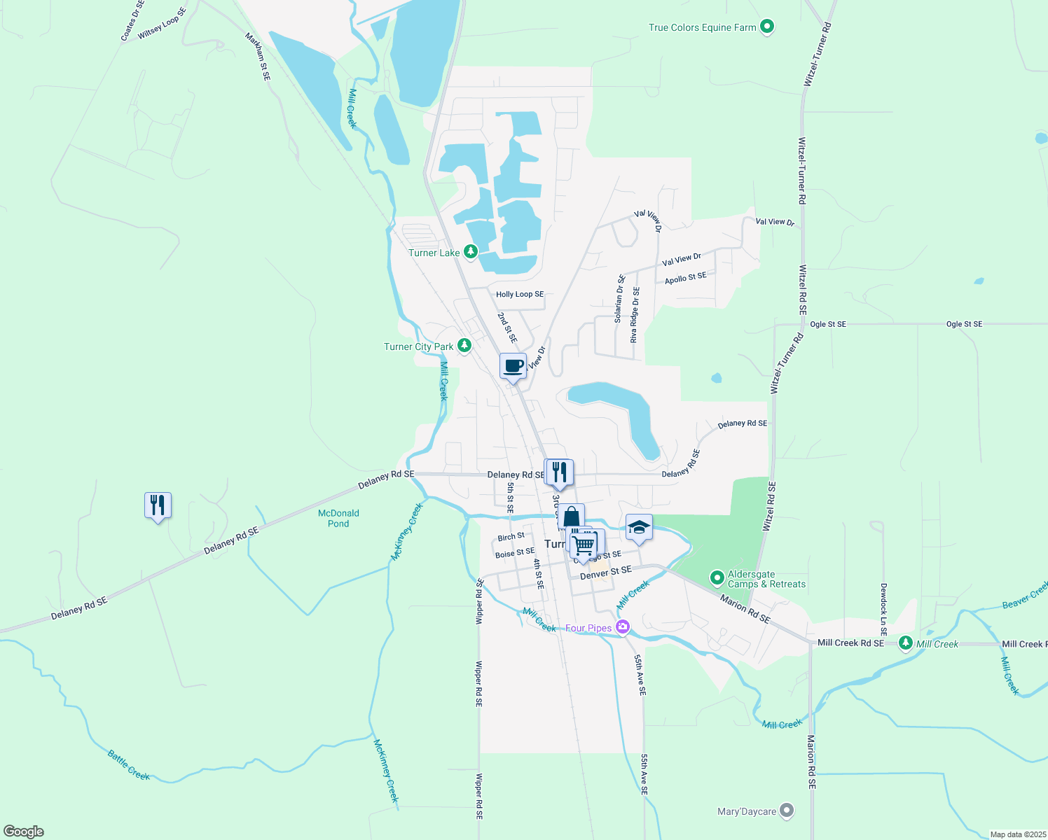 map of restaurants, bars, coffee shops, grocery stores, and more near 7355 3rd Street Southeast in Turner