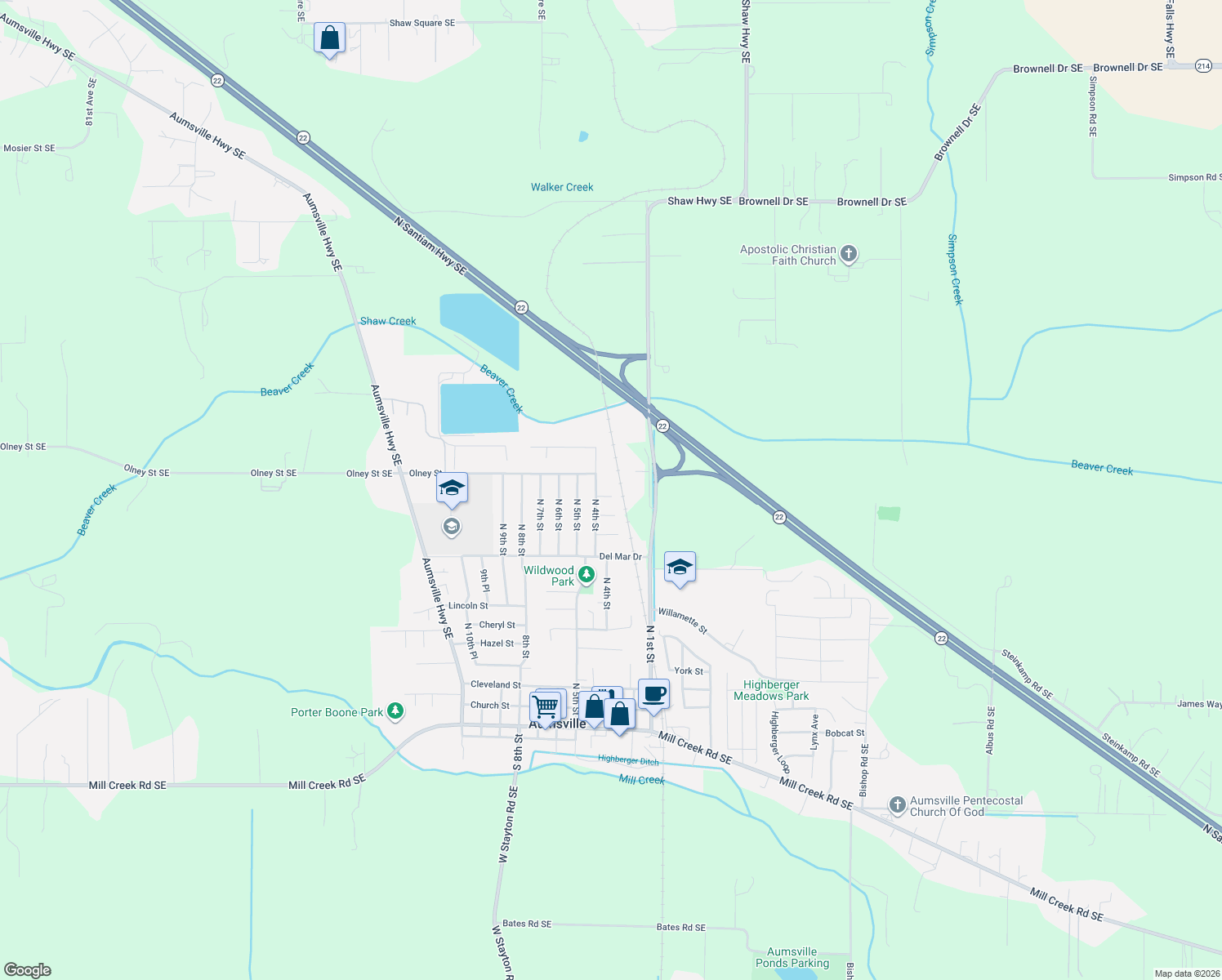 map of restaurants, bars, coffee shops, grocery stores, and more near 375 Darla Court in Aumsville
