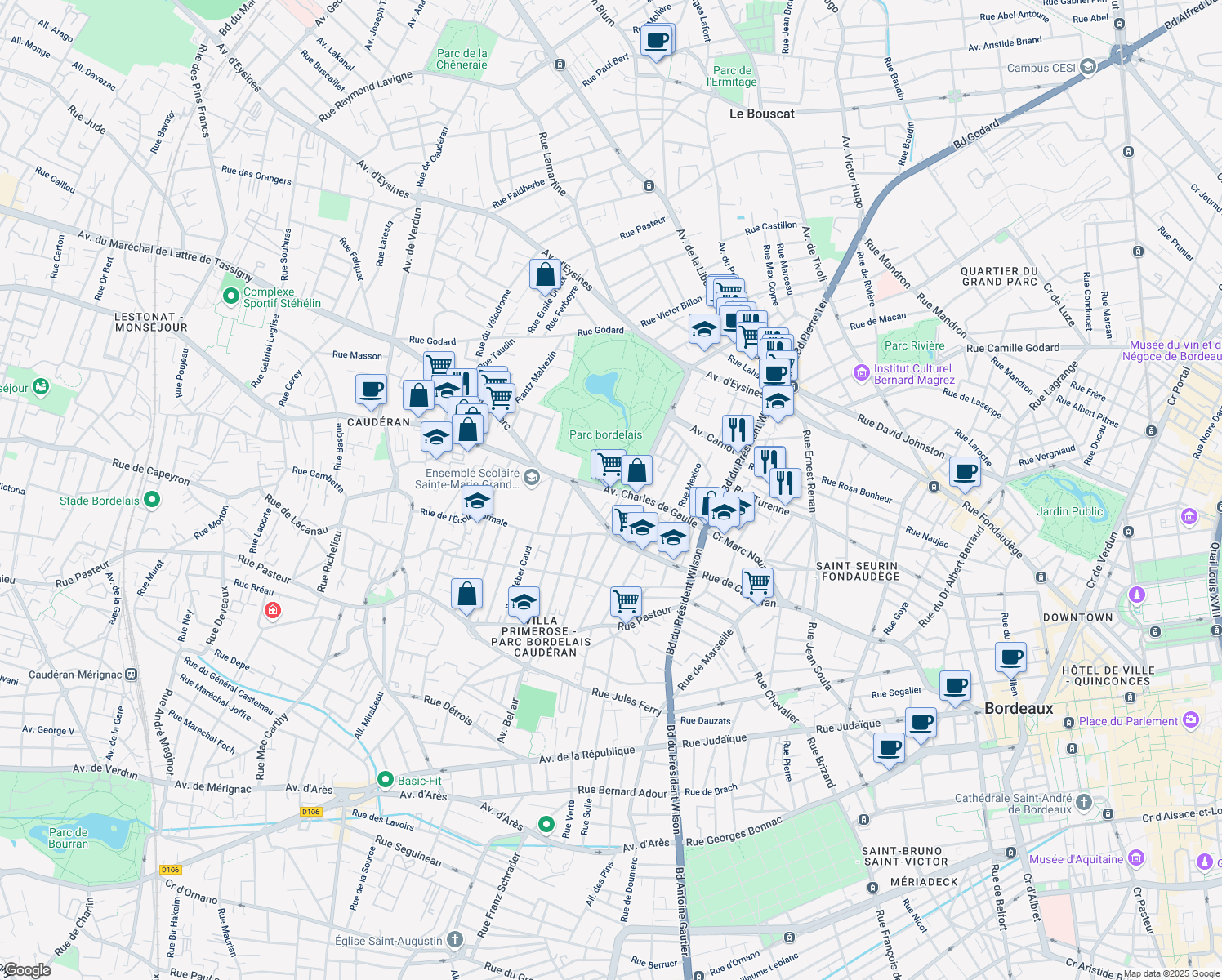 map of restaurants, bars, coffee shops, grocery stores, and more near 106 Avenue Charles de Gaulle in Bordeaux
