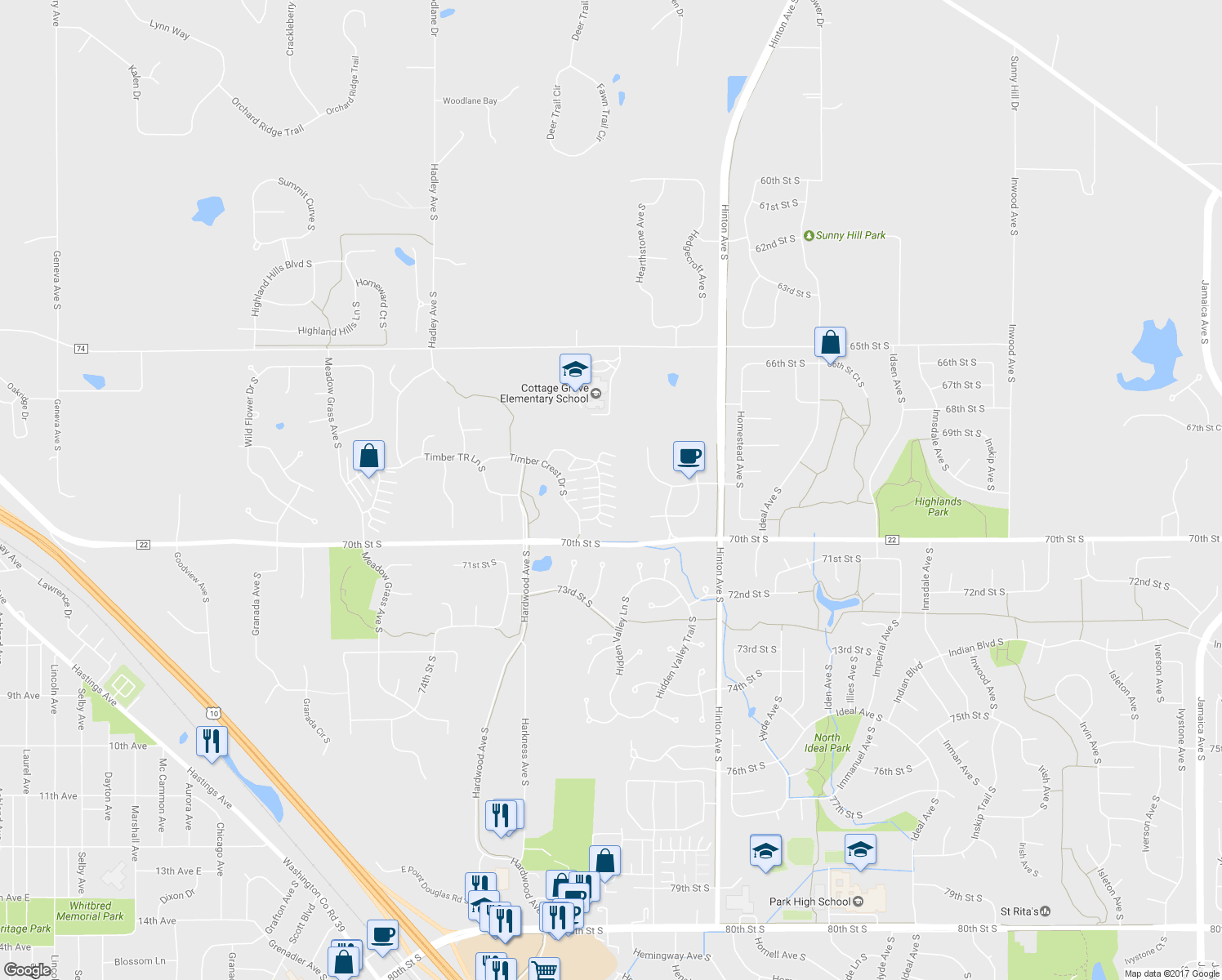 map of restaurants, bars, coffee shops, grocery stores, and more near 6817 Pine Crest Trail South in Cottage Grove
