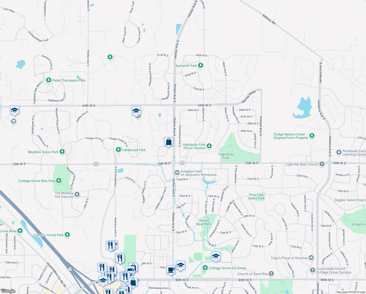 map of restaurants, bars, coffee shops, grocery stores, and more near 6907 Homestead Avenue South in Cottage Grove