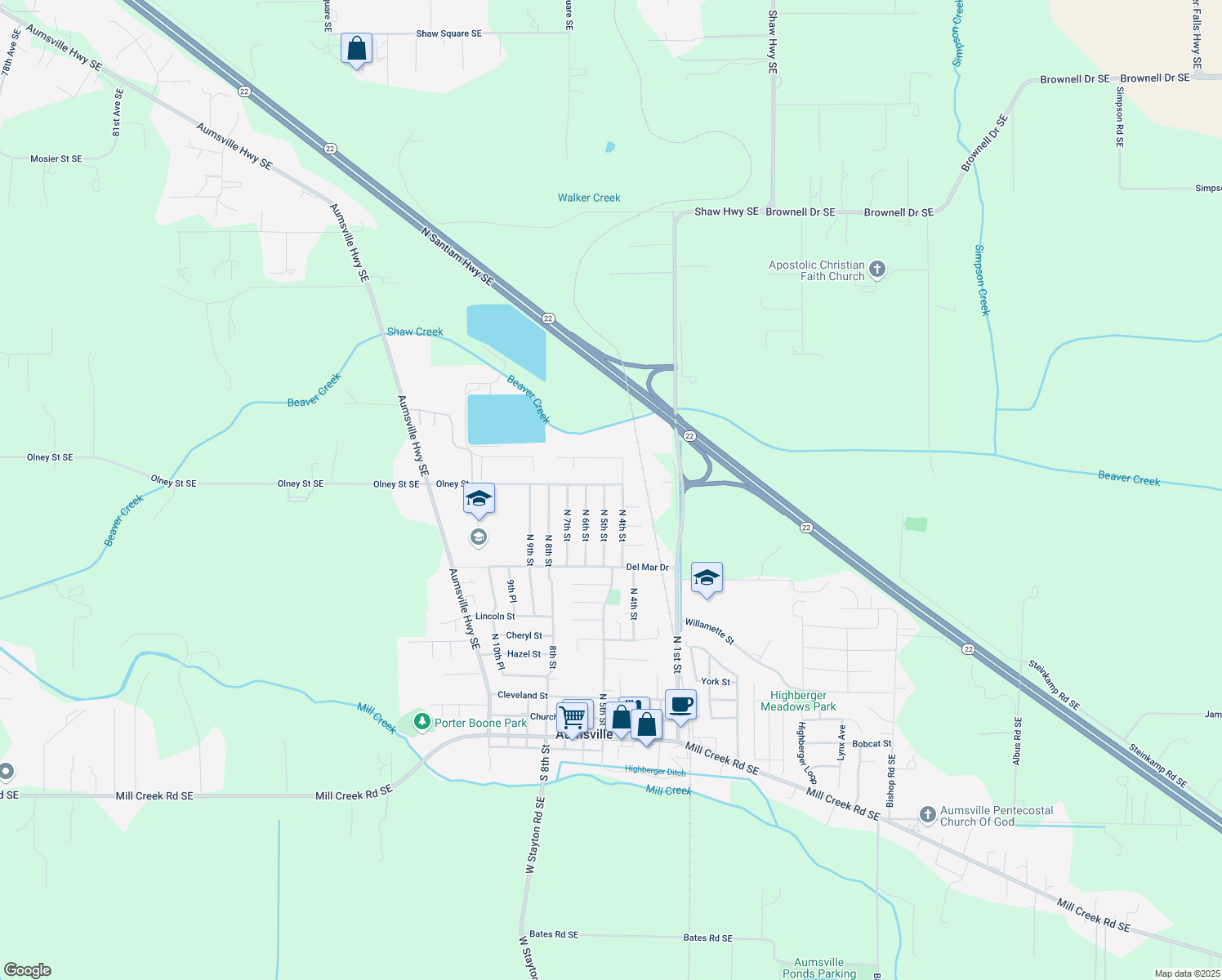 map of restaurants, bars, coffee shops, grocery stores, and more near 990 N 5th St in Aumsville