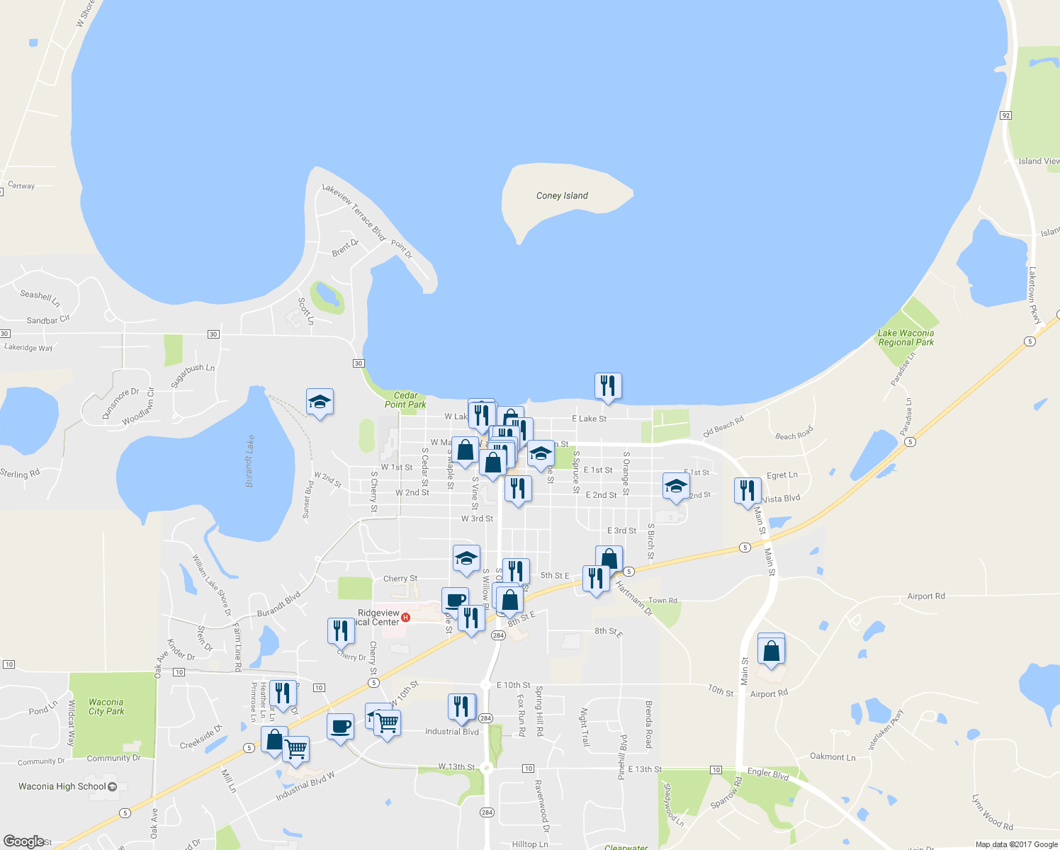 map of restaurants, bars, coffee shops, grocery stores, and more near 1 East Lake Street in Waconia