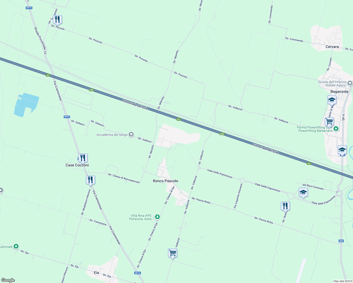 map of restaurants, bars, coffee shops, grocery stores, and more near 55 Via Calzolari Don Angelo in Parma