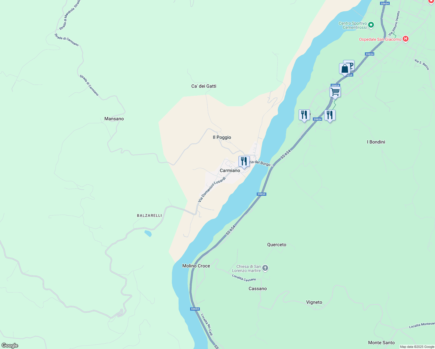 map of restaurants, bars, coffee shops, grocery stores, and more near 3 Via Caduti in Carmiano