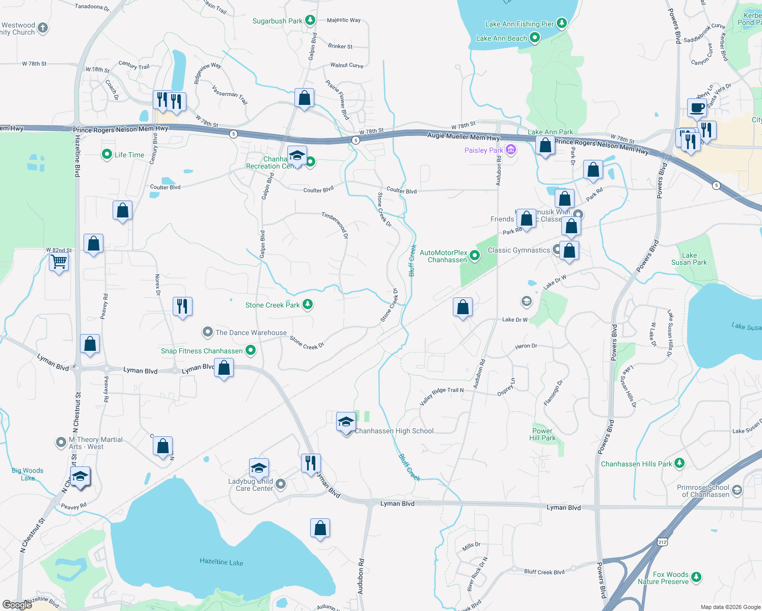 map of restaurants, bars, coffee shops, grocery stores, and more near 8384 Stone Creek Drive in Chanhassen