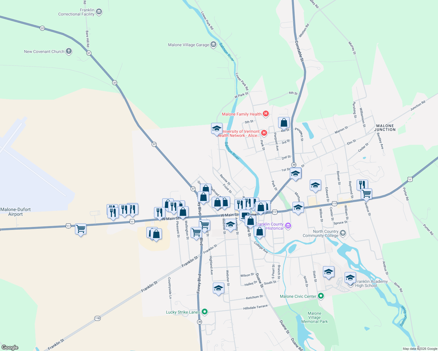 map of restaurants, bars, coffee shops, grocery stores, and more near 58 Rennie St in Malone