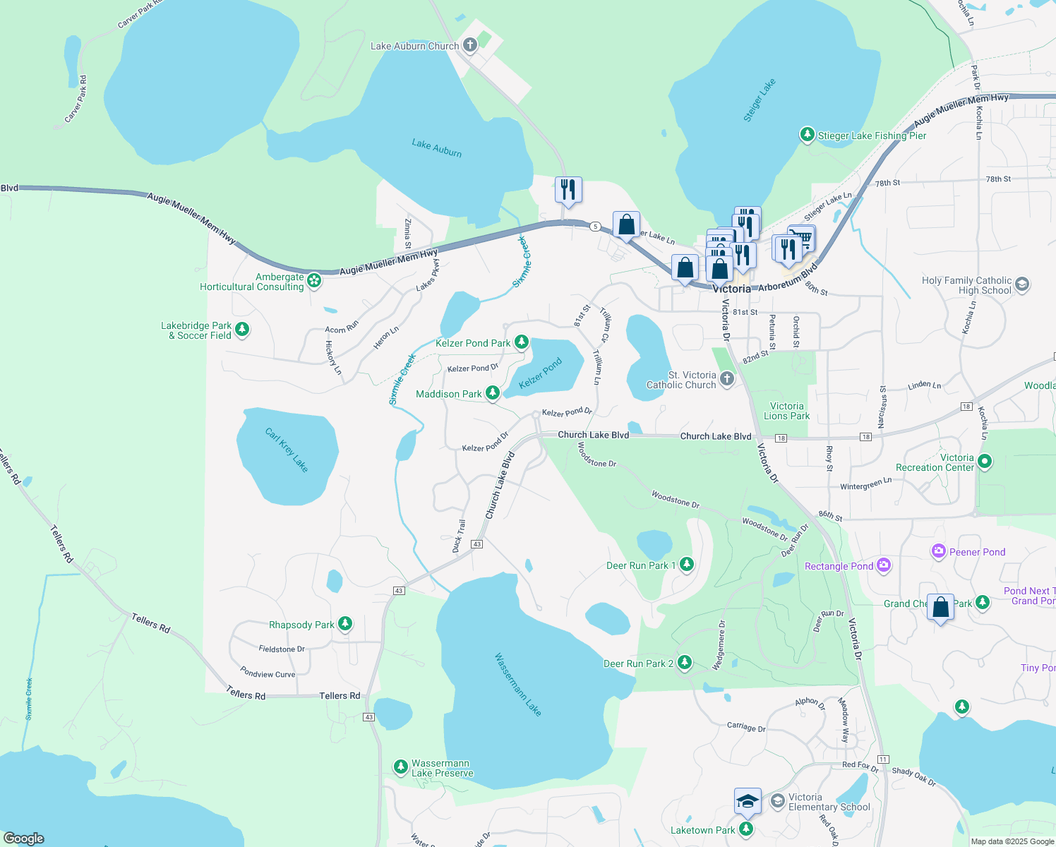 map of restaurants, bars, coffee shops, grocery stores, and more near 8495 Kelzer Pond Drive in Victoria