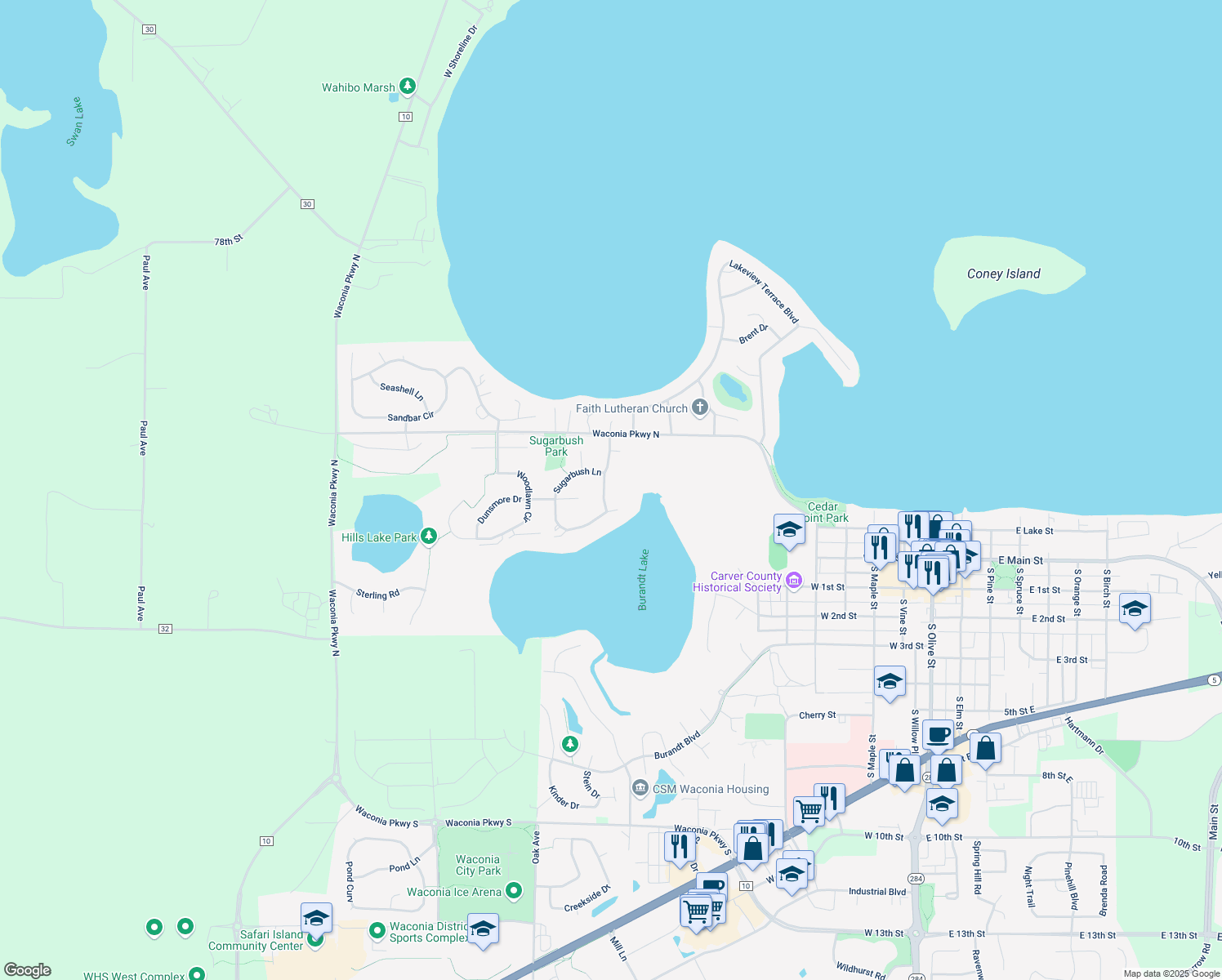 map of restaurants, bars, coffee shops, grocery stores, and more near 1050 Sugarbush Lane in Waconia