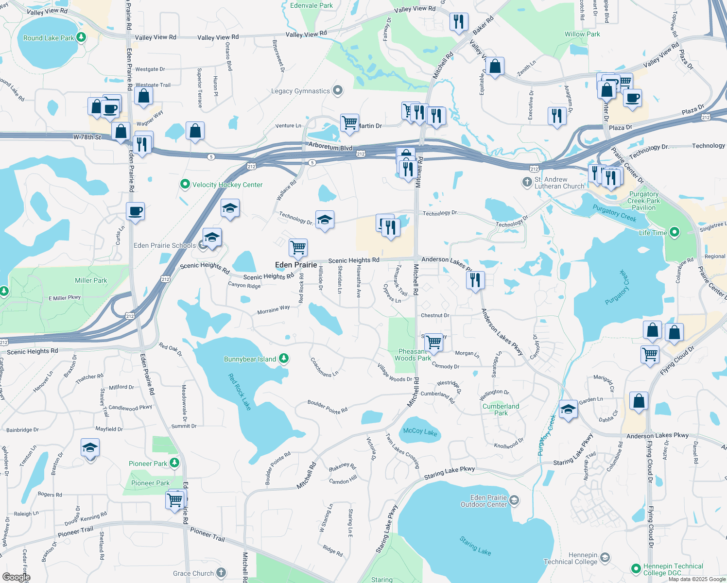 map of restaurants, bars, coffee shops, grocery stores, and more near 8307 Hiawatha Avenue in Eden Prairie