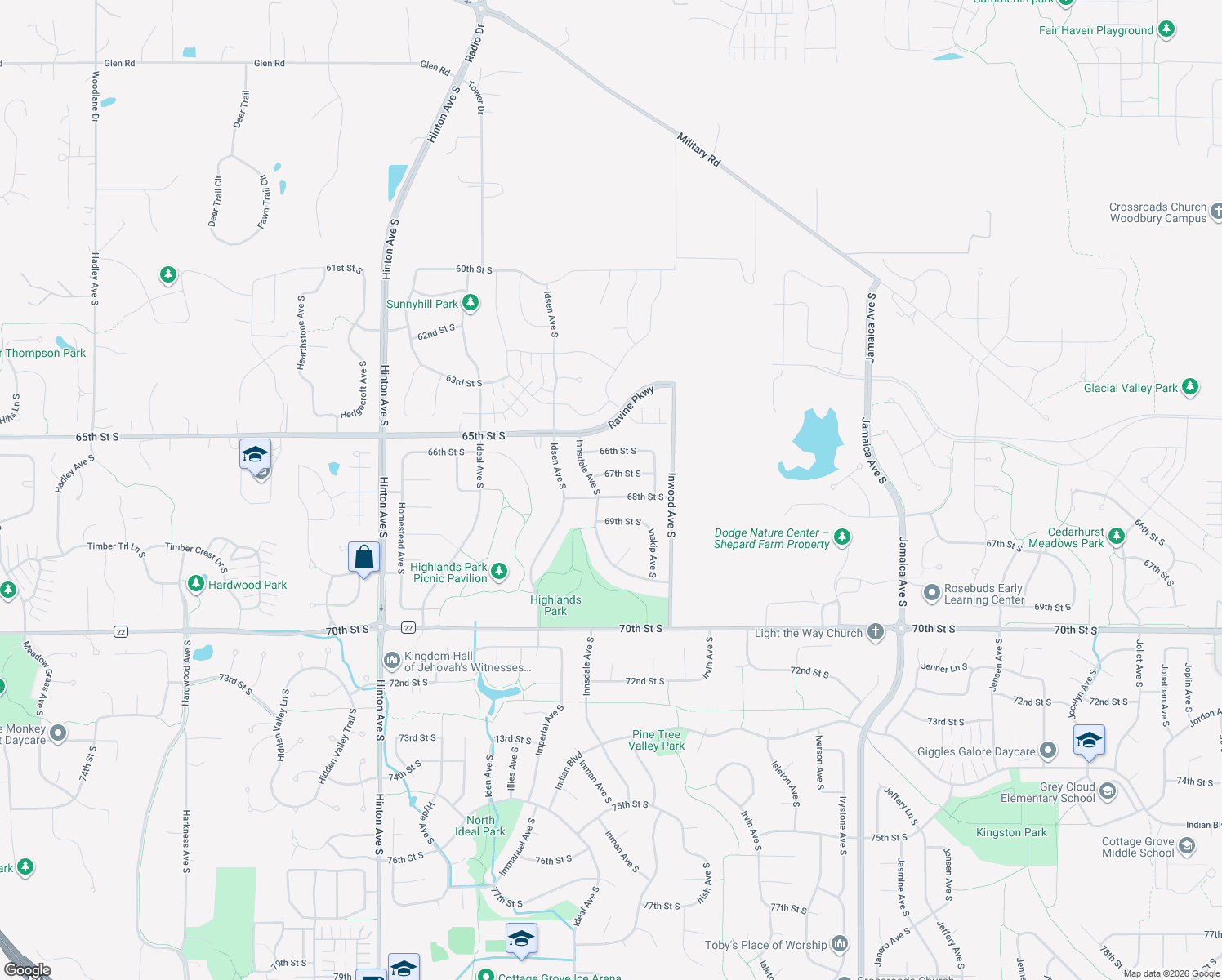 map of restaurants, bars, coffee shops, grocery stores, and more near 8322 68th Street South in Cottage Grove