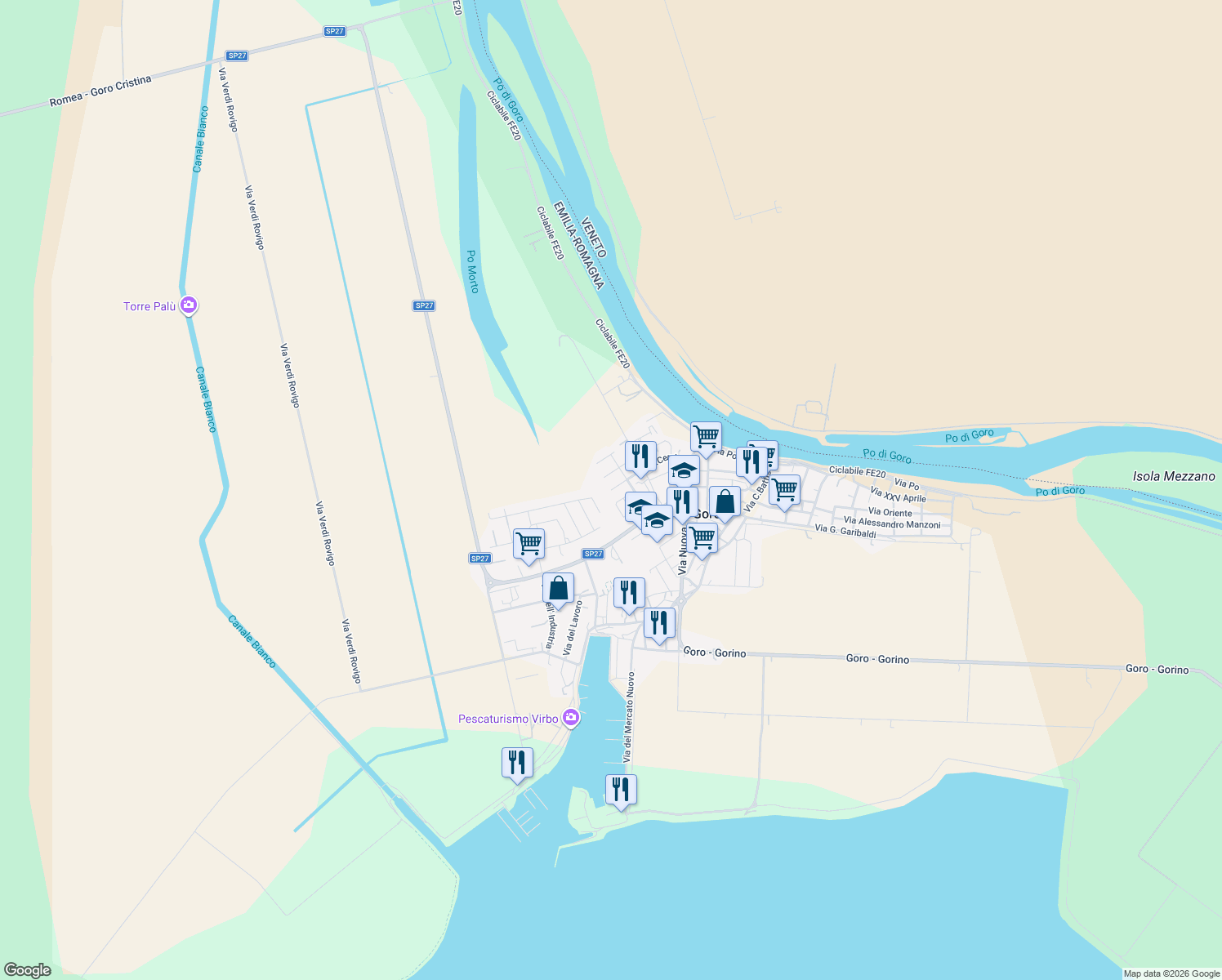 map of restaurants, bars, coffee shops, grocery stores, and more near 97 Via F.Cervi in Goro