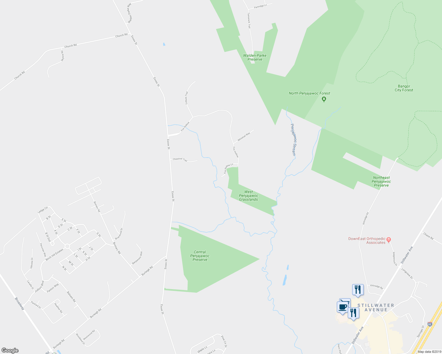 map of restaurants, bars, coffee shops, grocery stores, and more near 243 Fox Hollow Lane in Bangor