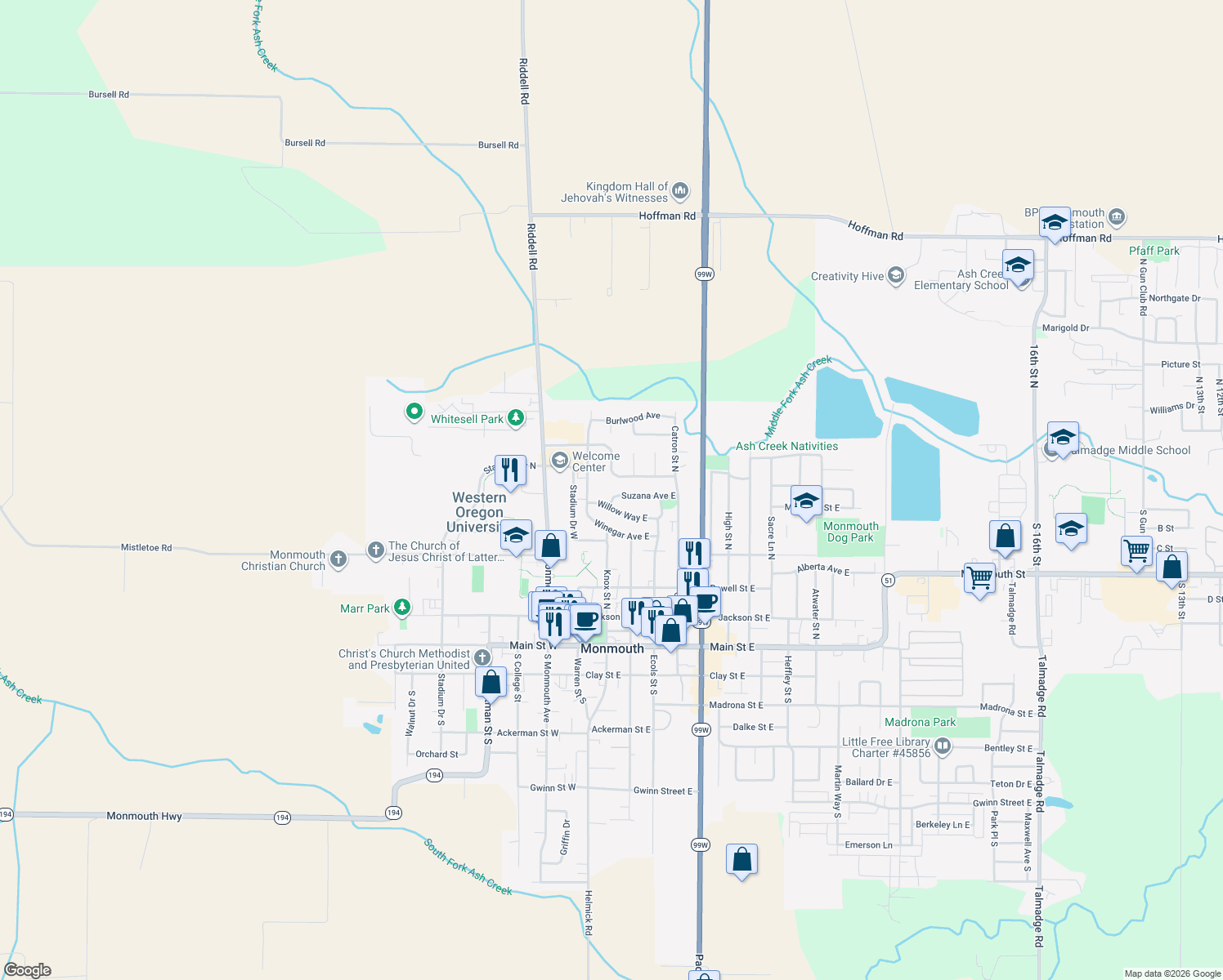 map of restaurants, bars, coffee shops, grocery stores, and more near 198 Suzana Avenue East in Monmouth