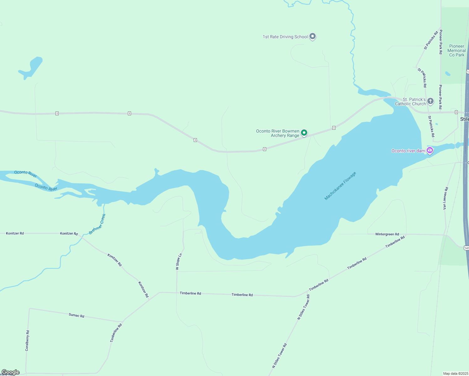 map of restaurants, bars, coffee shops, grocery stores, and more near 5077 Machickanee Lane in Lena