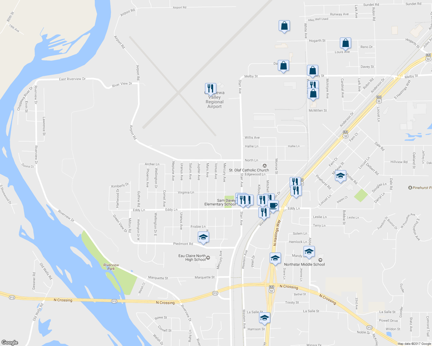 map of restaurants, bars, coffee shops, grocery stores, and more near 3204 Venus Avenue in Eau Claire