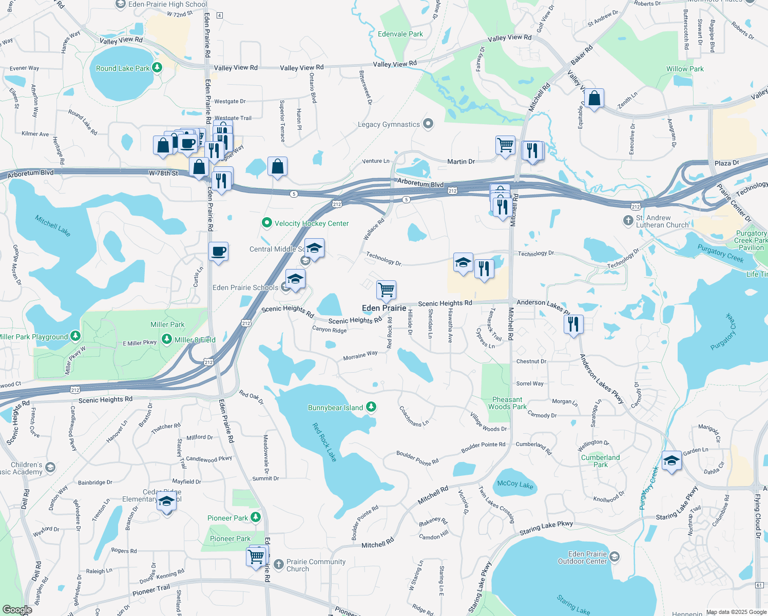 map of restaurants, bars, coffee shops, grocery stores, and more near in Eden Prairie