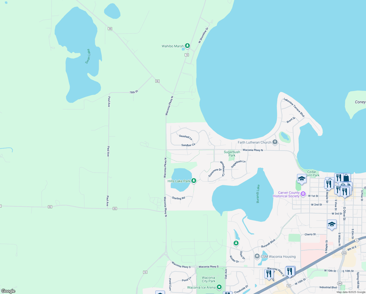 map of restaurants, bars, coffee shops, grocery stores, and more near 1629 Sandbar Circle in Waconia