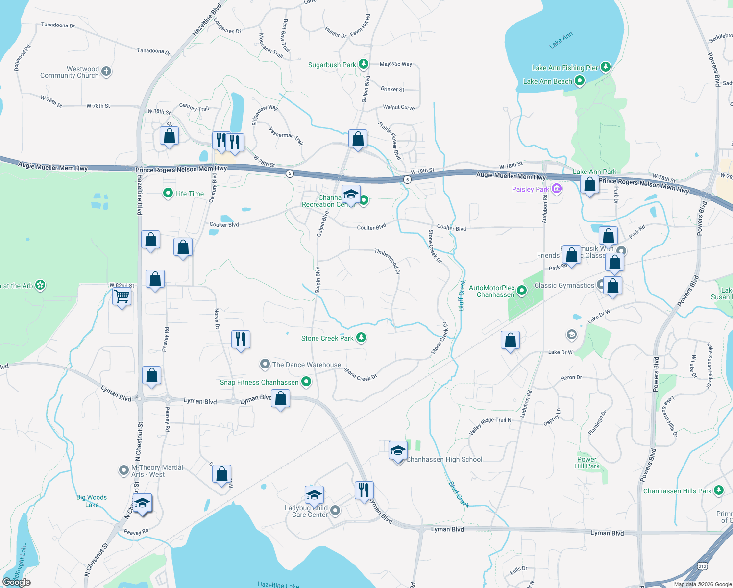 map of restaurants, bars, coffee shops, grocery stores, and more near 2218 Lukewood Drive in Chanhassen
