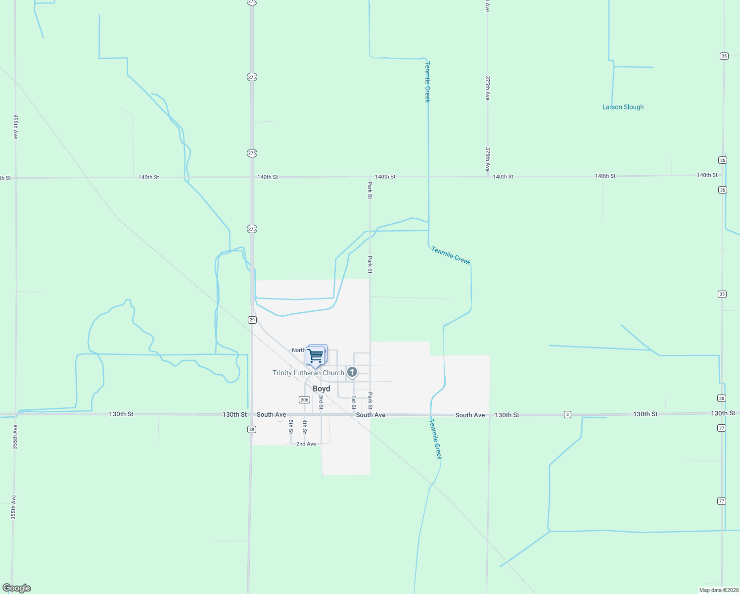 map of restaurants, bars, coffee shops, grocery stores, and more near Park Street in Boyd