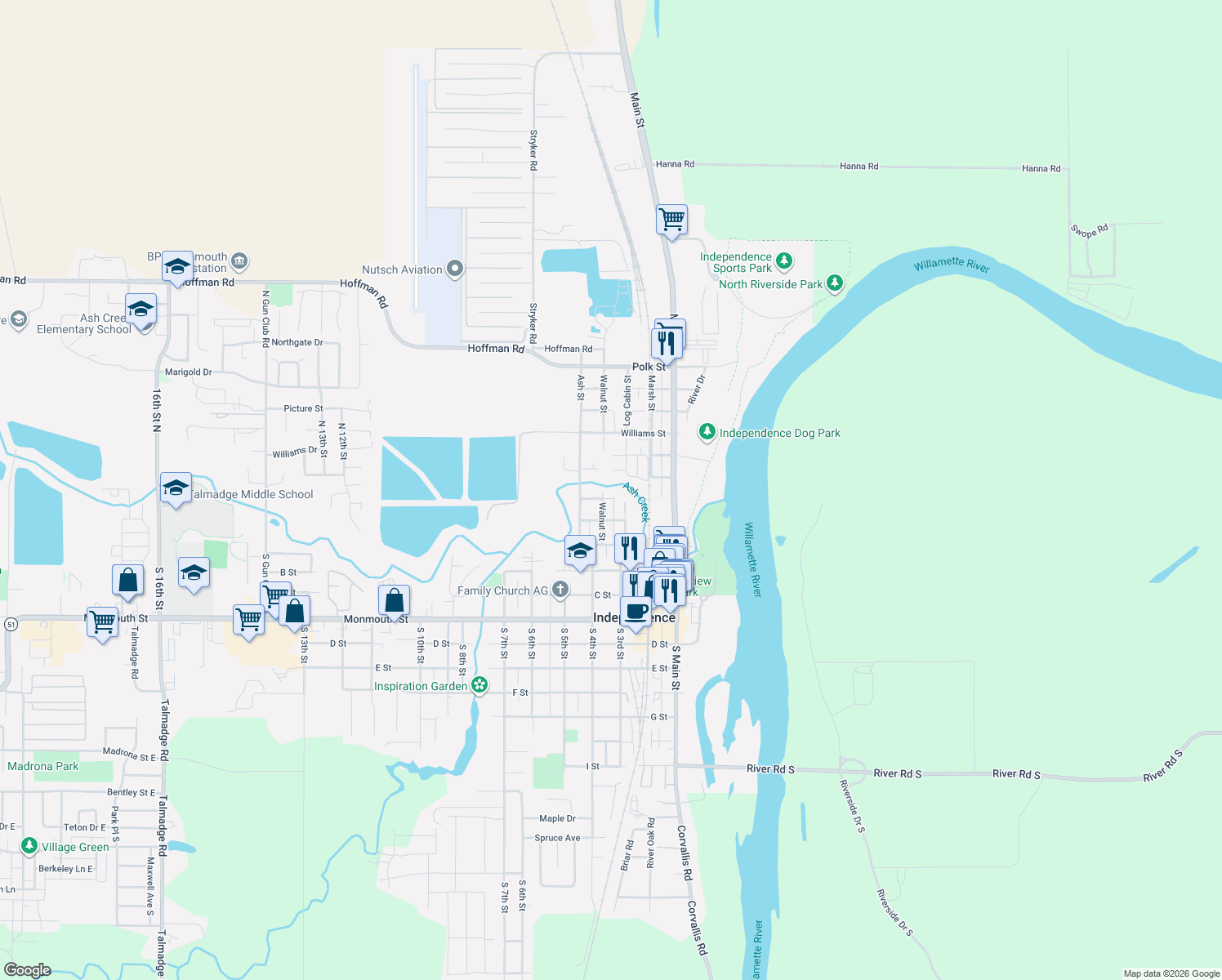 map of restaurants, bars, coffee shops, grocery stores, and more near 221 Walnut Street in Independence
