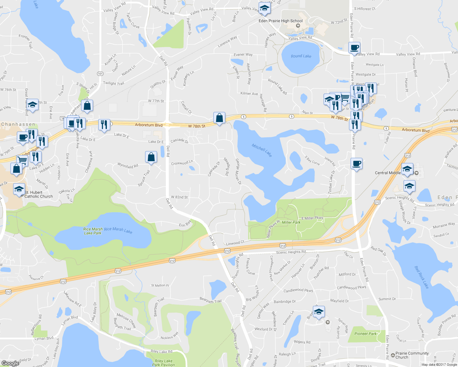 map of restaurants, bars, coffee shops, grocery stores, and more near 8160 Antrim Cove in Eden Prairie