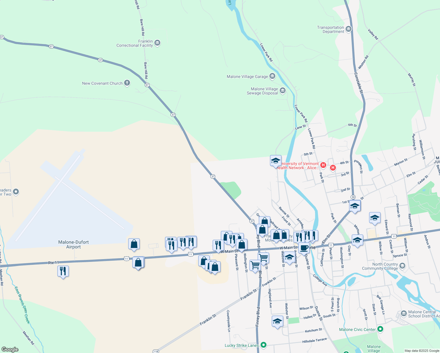 map of restaurants, bars, coffee shops, grocery stores, and more near 175 Fort Covington St in Malone