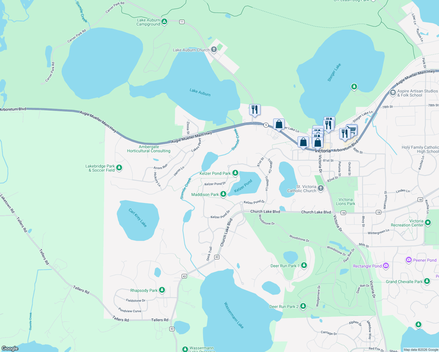 map of restaurants, bars, coffee shops, grocery stores, and more near 2255 Thrushwood Circle in Victoria