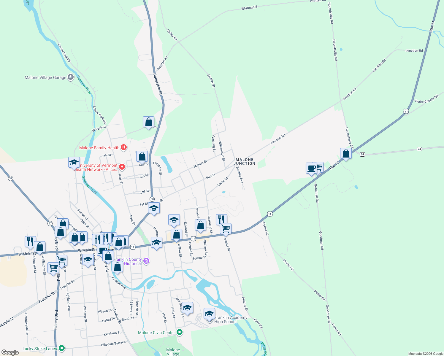 map of restaurants, bars, coffee shops, grocery stores, and more near 52 Cedar St in Malone