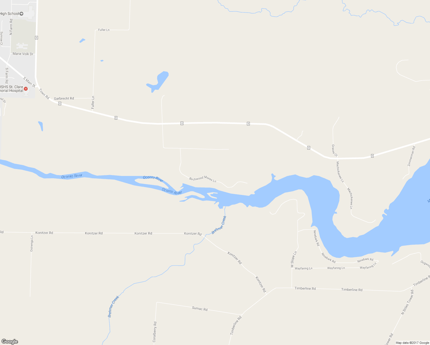 map of restaurants, bars, coffee shops, grocery stores, and more near 6650 Birchwood Shores Lane in Oconto Falls