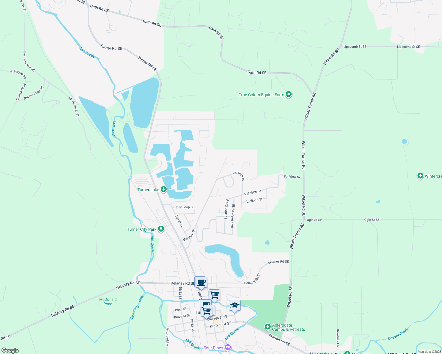 map of restaurants, bars, coffee shops, grocery stores, and more near 5405 Val View Drive in Turner