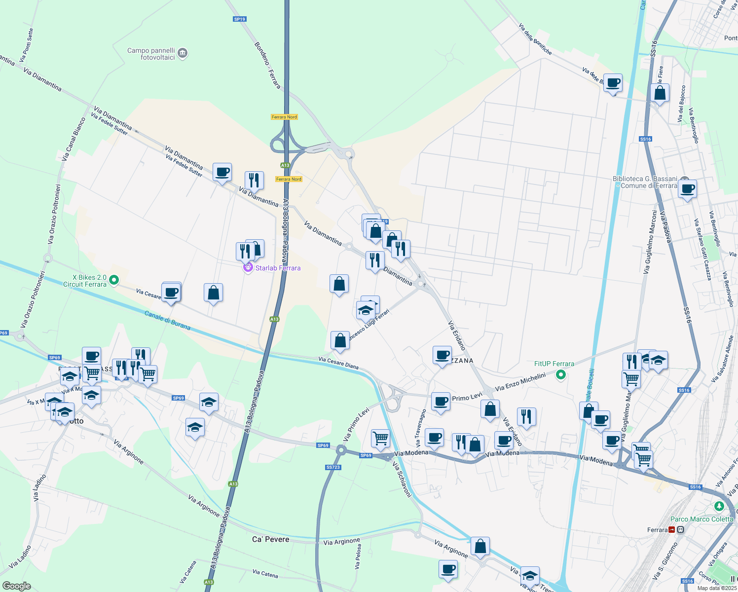 map of restaurants, bars, coffee shops, grocery stores, and more near 10 Via Maestri del Lavoro in Ferrara
