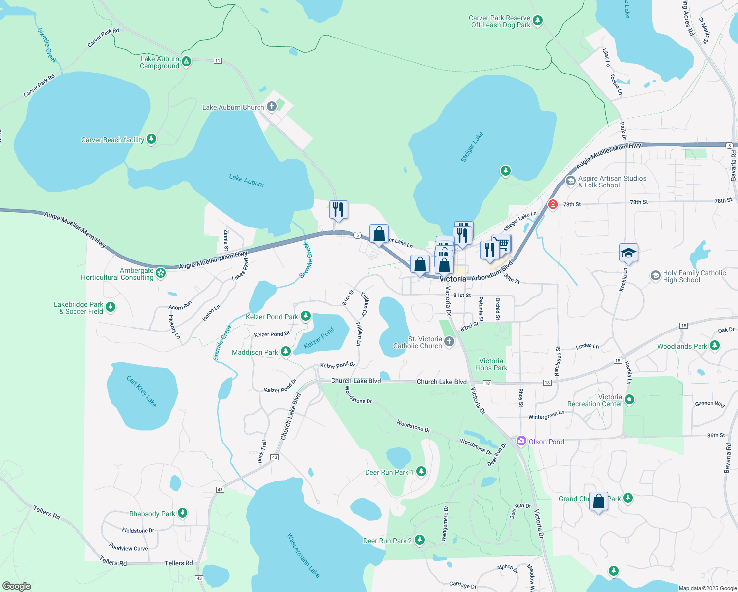 map of restaurants, bars, coffee shops, grocery stores, and more near 8105 Trillium Circle in Victoria
